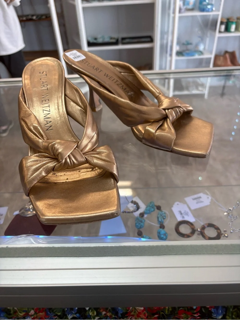 Stuart Weitzman Metallic Gold Knot Strap Heeled Sandals